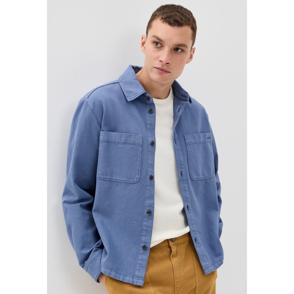 APC Overshirt Jacket Mens XXL Blue Button Up Cotton Twill Logo Pocket LEON $335